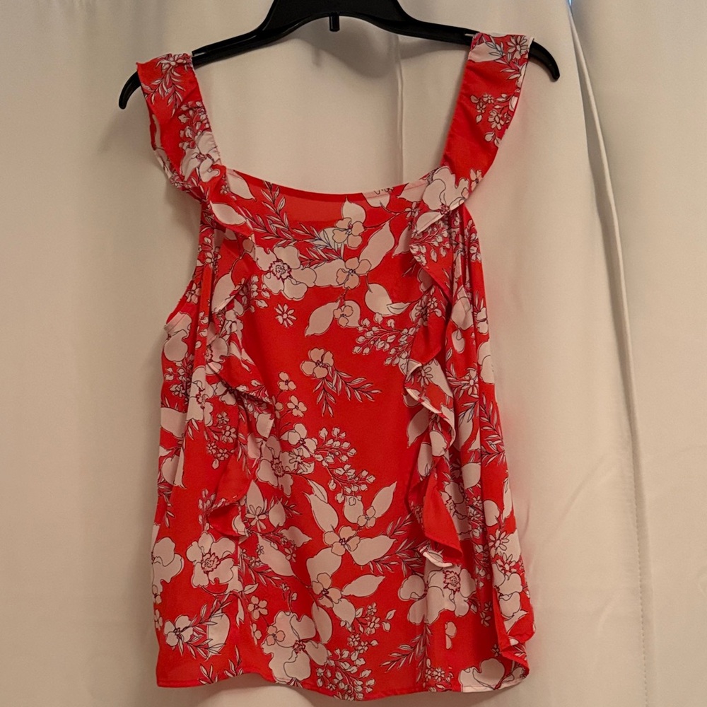LOFT Red Floral Ruffle Blouse